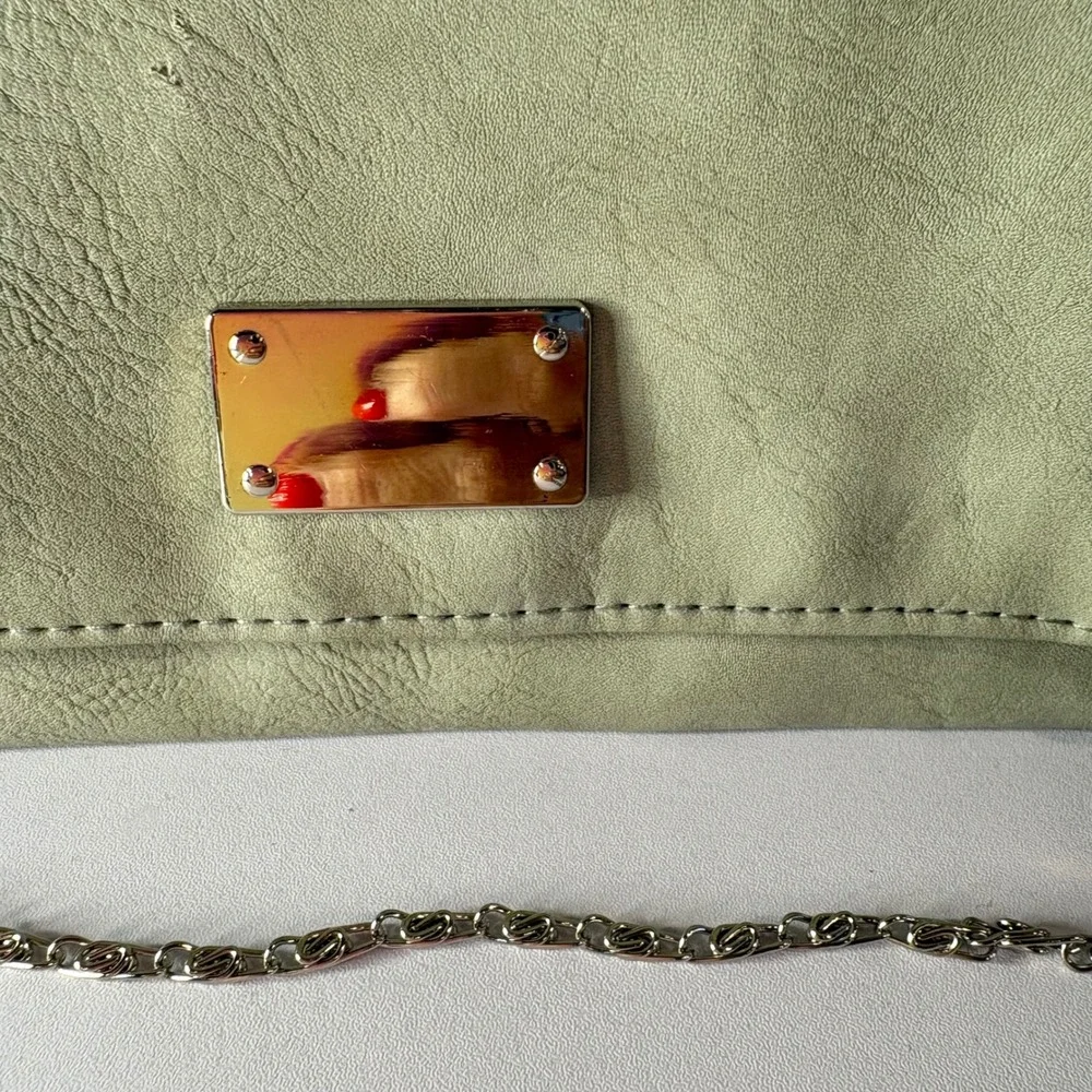 Greige Faux Leather Foldover Clutch Bag with Silver Chain Strap and Zippers